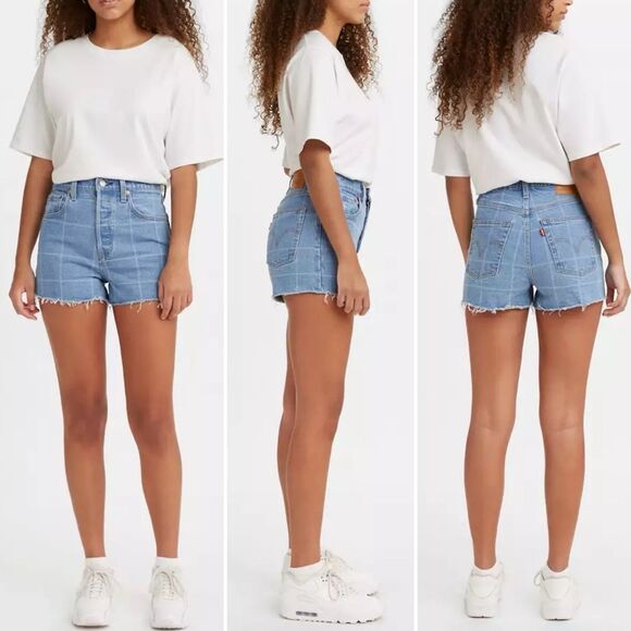 Levi’s Premium Ribcage Shorts Sz 29 Jive Windowpane High Rise Raw Hem Denim Blue - Picture 7 of 12